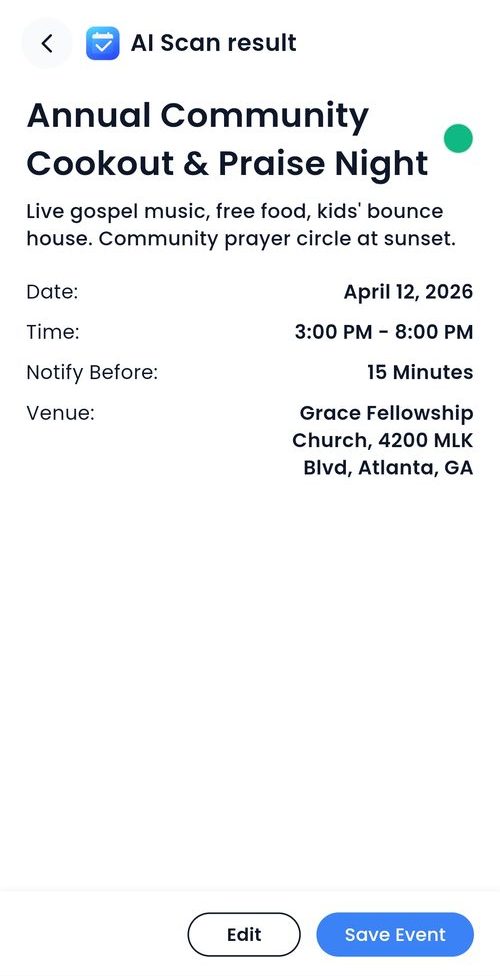 Dayly AI Scan Result - Event details extracted automatically